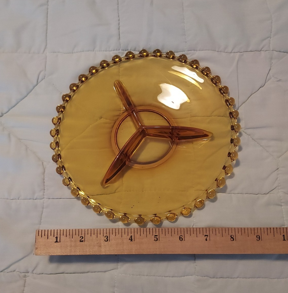 Czech Amber Glass Union Candlewick Edge 3 Part Relish Dish Plate Tray 8 inch